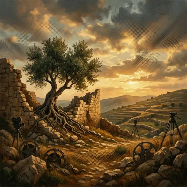 Cinematic art of an olive tree growing through stone with film reels and Palestinian keffiyeh patterns in the sky